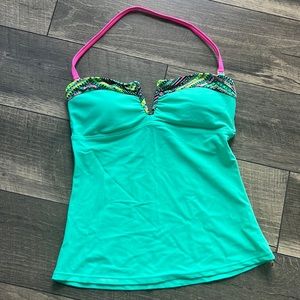 Bright tankini with neon highlights and halter strap